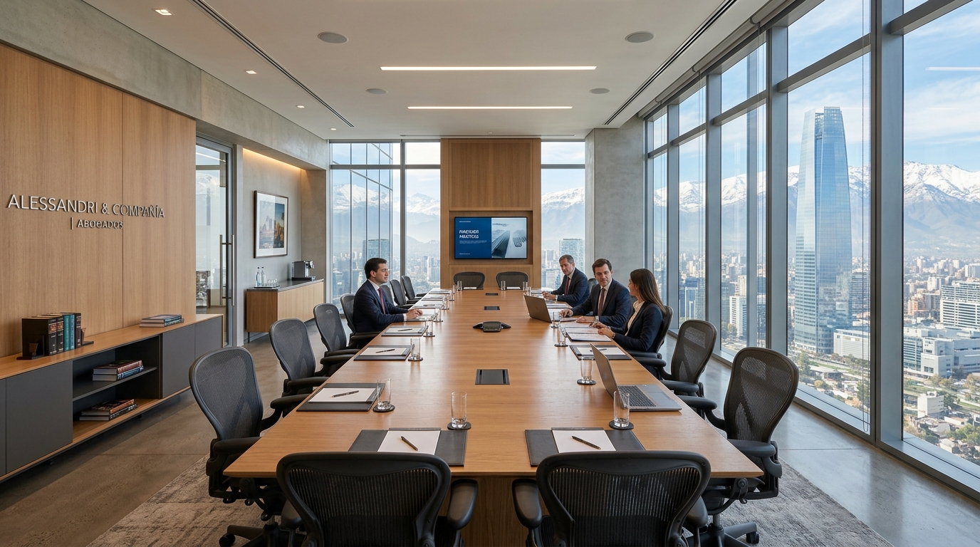 Sala de directorio ejecutiva en Santiago con vista al Costanera Center — Mesías Creador